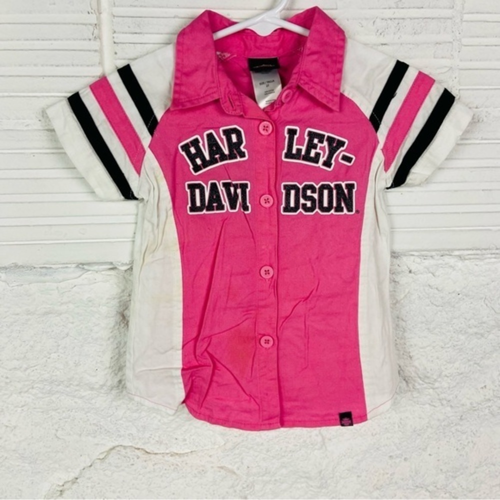 Harley-Davidson Kids Button Down cotton Shirt in Pink and White size 2T
